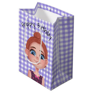 Cartoon Birthday Girl On Gingham Medium Gift Bag
