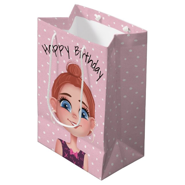 Cartoon Birthday Girl On Polka Dots Medium Gift Bag (Front Angled)