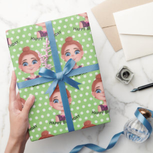 Cartoon Birthday Girl with Big Eyes  Wrapping Paper