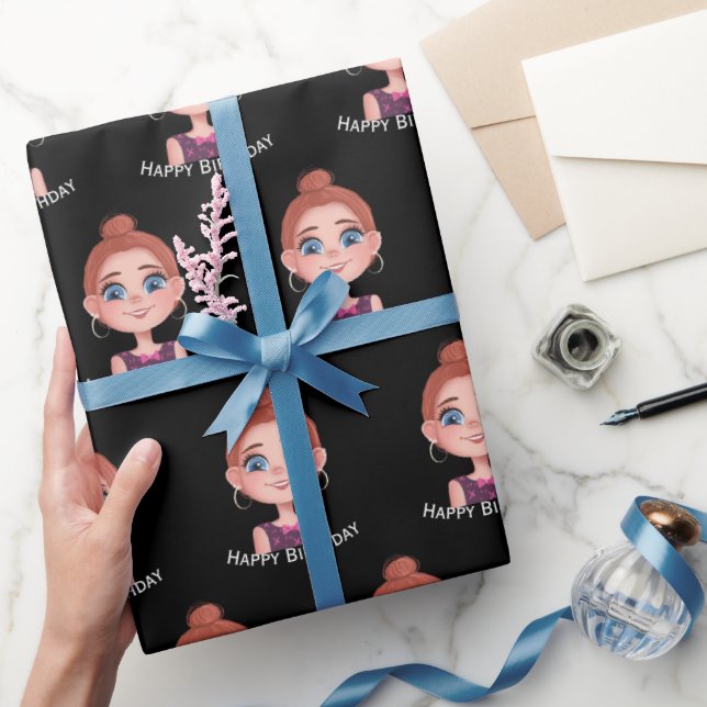 Cartoon Birthday Girl with Big Eyes  Wrapping Paper (Gifting)