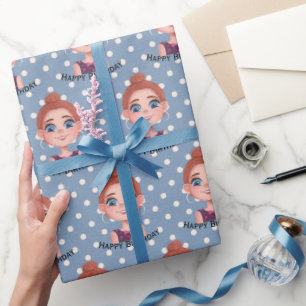 Cartoon Birthday Girl with Big Eyes   Wrapping Paper
