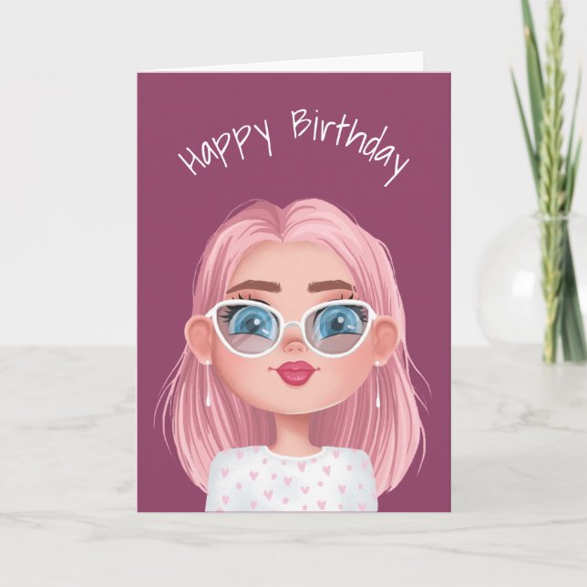 Cartoon Birthday Girl With Cat-Eye Glasses Card (Front)