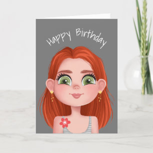 Cartoon Birthday Redhead Girl On Grey  Card