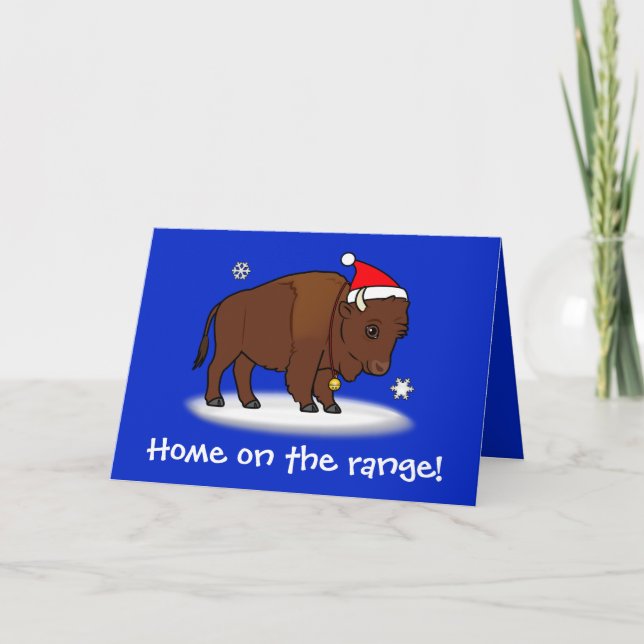Cartoon Bison with Santa Hat Holiday Card (Front)