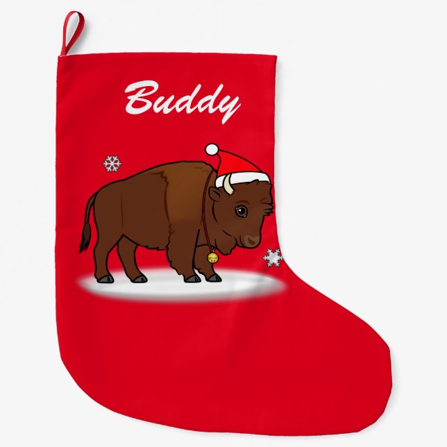 Cartoon Bison with Santa Hat Name Customisable Large Christmas Stocking (Front)