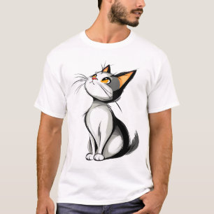 Cartoon Black and White Cat Sitting Illustration T-Shirt