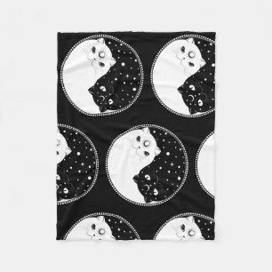Cartoon black and white cats, yin yang sign fleece blanket