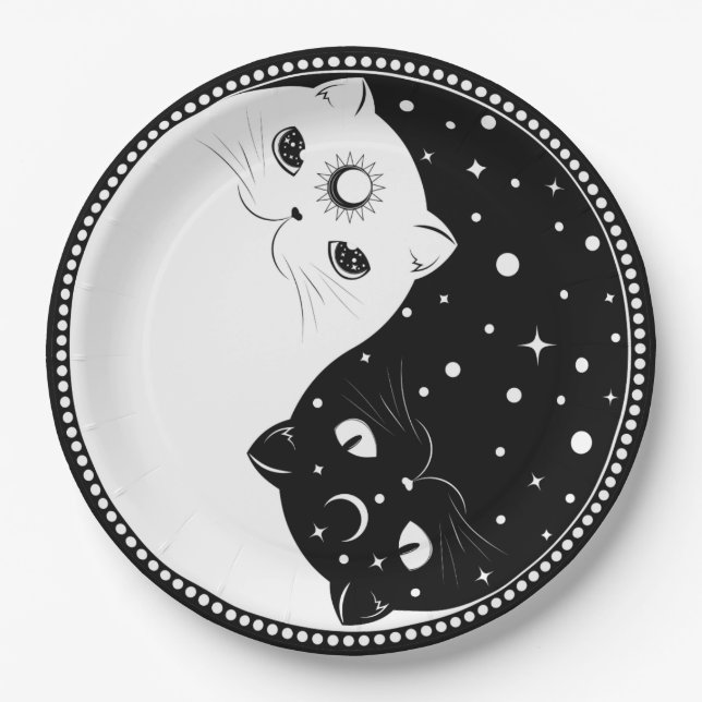 Cartoon black and white cats, yin yang sign paper plate (Front)