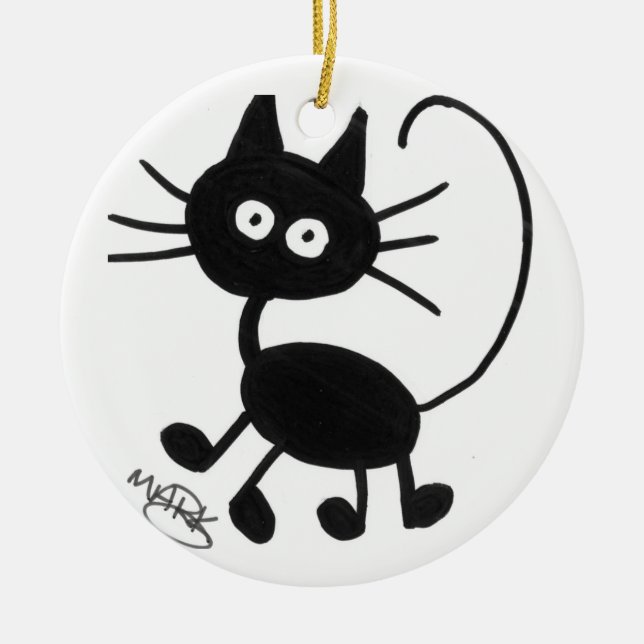 Cartoon Black Cat Ceramic Ornament (Front)