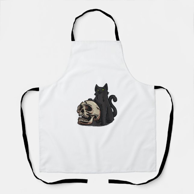 Cartoon Black Cat Skull Illustration For Adults  Apron (Front)