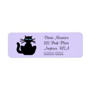 Cartoon Black Cat with Blue Eyes Lavender Return Address Label