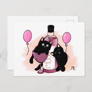 Cartoon black Cats party with Balloons and Wine Holiday Postcard