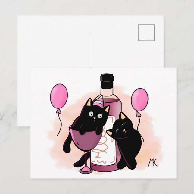 Cartoon black Cats party with Balloons and Wine Holiday Postcard (Front/Back)