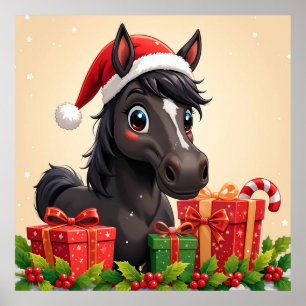 Cartoon Black Horse Christmas Gifts Holiday  Poster