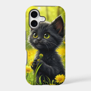 Cartoon Black Kitten with Dandelion Cute Animal
