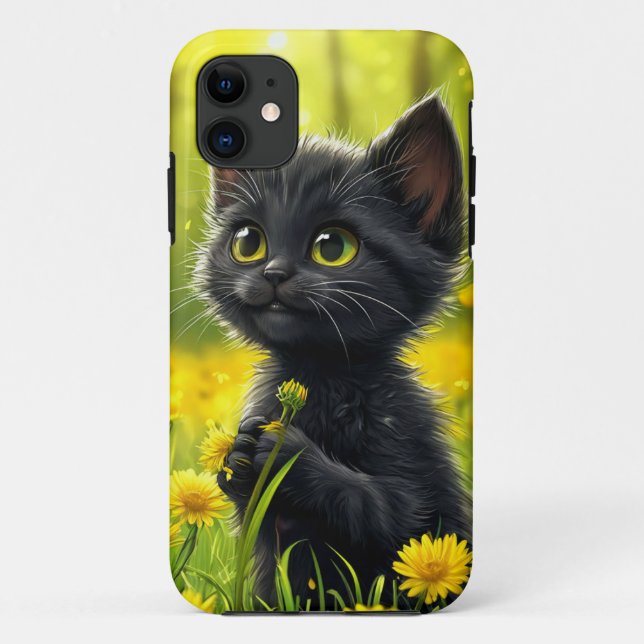 Cartoon Black Kitten with Dandelion Cute Animal Case-Mate iPhone Case (Back)