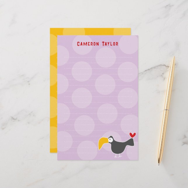 Cartoon Black Toucan Bird Kid Birthday Thank You Stationery (Front/Back In Situ)