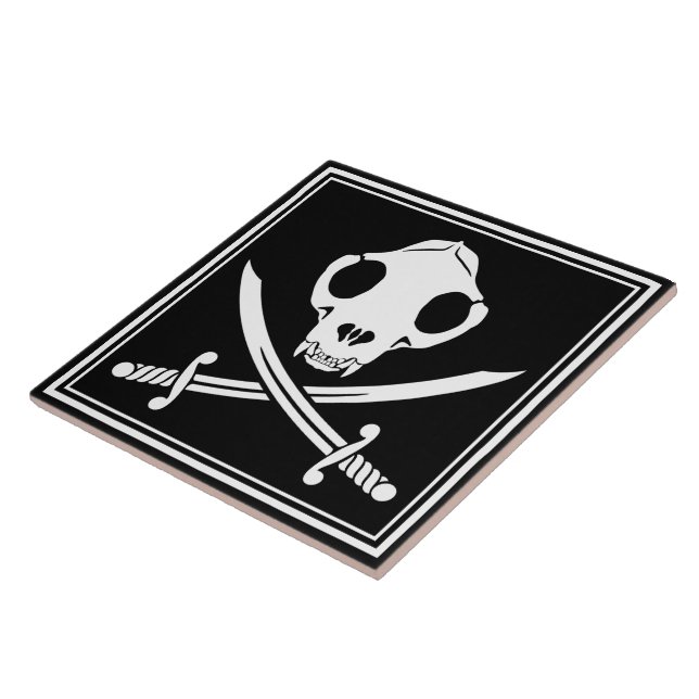 Cartoon Black White Jolly Kitty Pirate Skull Bones Ceramic Tile (Side)