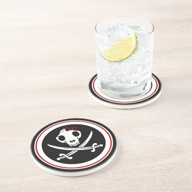 Cartoon Black White Jolly Kitty Pirate Skull Bones Coaster (Side)