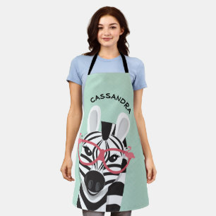 Cartoon Black White Zebra Flamingo Sunglasses Name Apron