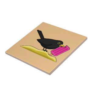 Cartoon Blackbird Eating A Ice Cream Ceramic Tile