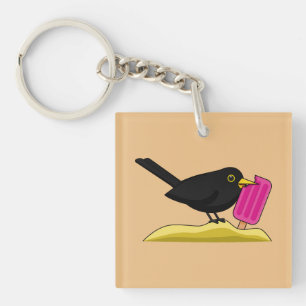 Cartoon Blackbird Eating An Ice Cream Key Ring
