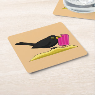 Cartoon Blackbird Eating An Ice Cream Square Paper Coaster