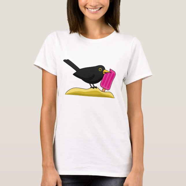 Cartoon Blackbird Eating An Ice Cream T-Shirt (Front)