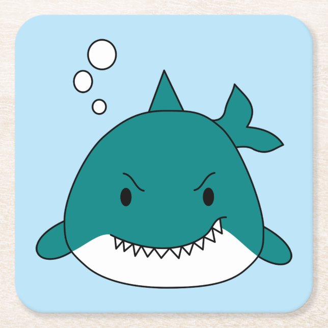 Cartoon Blue And White Shark Square Paper Coaster (Front)