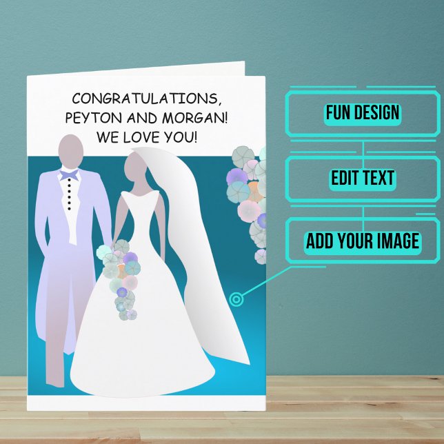 Cartoon Blue Dream Wedding Day Congratulations Card (Send your love and congratulations with a modern and unique twist.)
