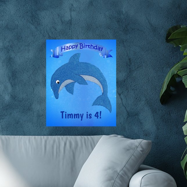Cartoon Blue Jumping Dolphin Ribbon Kids Birthday Poster (Fun jumping sparkle like blue dolphin on kids Happy Birthday poster decoration.)