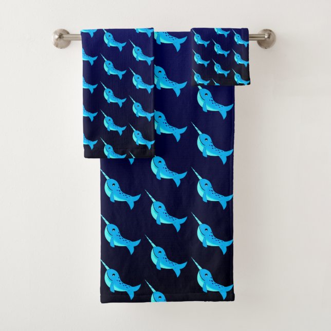 Cartoon blue narwhals pattern on Navy Blue Bath Towel Set (Insitu)
