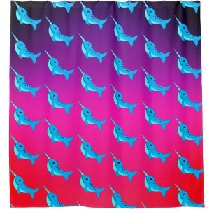 Cartoon blue narwhals pattern on Navy Blue Shower Curtain
