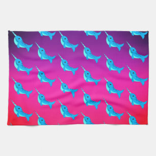 Cartoon blue narwhals pattern on Navy Blue Tea Towel