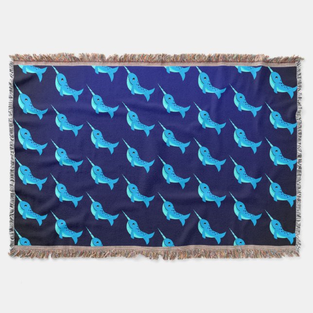 Cartoon blue narwhals pattern on Navy Blue Throw Blanket (Front)
