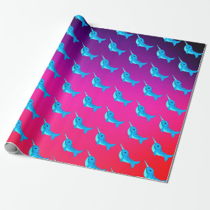 Cartoon blue narwhals pattern on Navy Blue Wrapping Paper