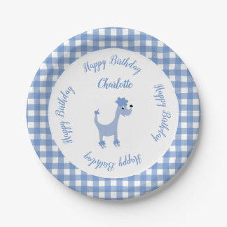 Cartoon blue poodle Posh Paws gingham birthday Paper Plate