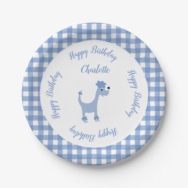 Cartoon blue poodle Posh Paws gingham birthday Paper Plate (Front)