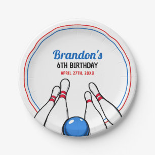 Cartoon Blue & Red Bowling Kids 6th Birthday Paper Plate