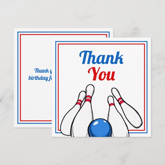 Cartoon Blue & Red Bowling Kids 6th Birthday Thank You Card (Front/Back)
