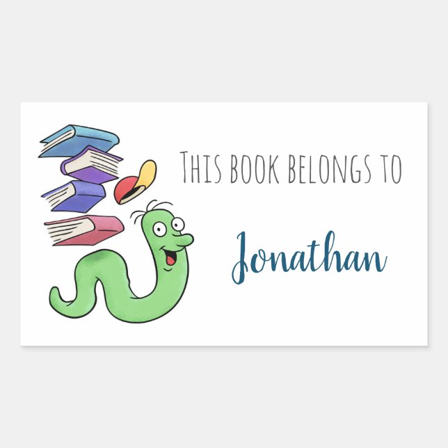 Cartoon Bookworm Bookplate With Custom Name Rectangular Sticker (Front)