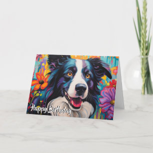 Cartoon Border Collie in a Garden Custom Card