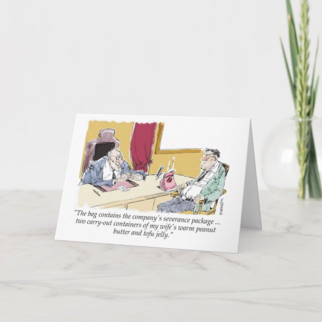 Cartoon boss offering severance package of crap card (Front)