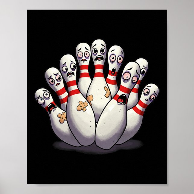 Cartoon Bowling Scared Bowling Pins Funny Sport Bo Poster (Front)