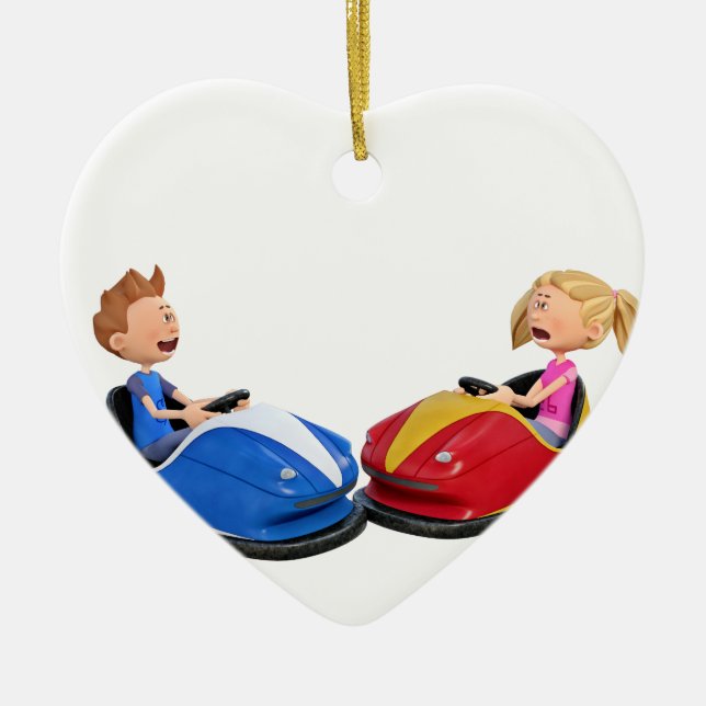Cartoon boy and girl in Bumper Cars Ceramic Tree Decoration (Front)