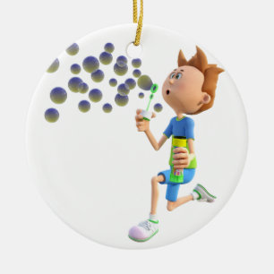 Cartoon boy blowing bubbles ceramic ornament