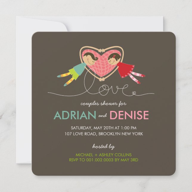 Cartoon Boy Girl Love Heart Couples Wedding Shower Invitation (Front)