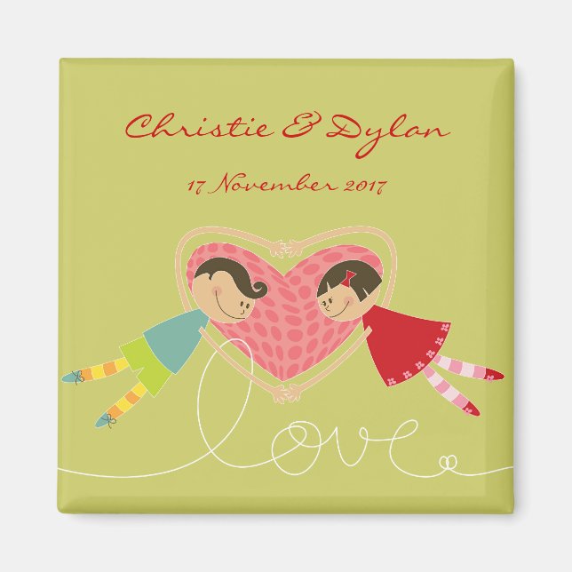 Cartoon Boy & Girl Love Hold Hands Save The Date Magnet (Front)