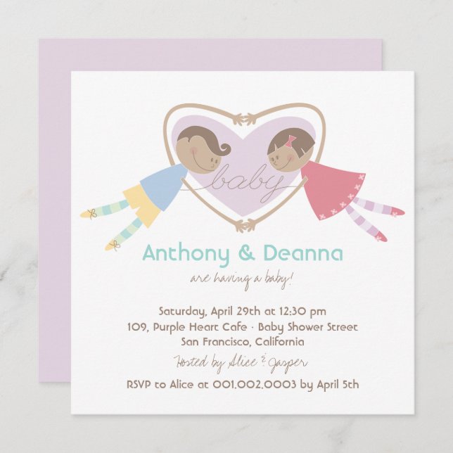 Cartoon Boy Hearts Girl Love Couples Baby Shower Invitation (Front/Back)