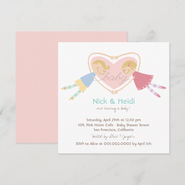 Cartoon Boy Hearts Girl Love Couples Baby Shower Invitation (Front/Back)